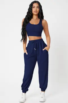 Kadın Lacivert Kaşkorse Cepli Jogger Eşofman Altı ve Crop Top Bluz