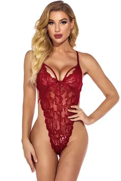 Kadın Bordo Dantelli, Tangalı ve İp Askılı Şık İç Çamaşır Takımı