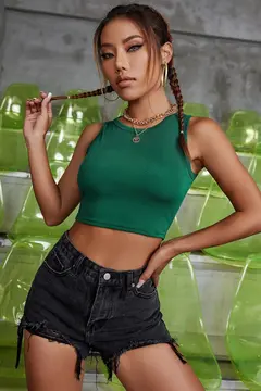 Kadın Yeşil Kare Yaka Crop Top Bluz
