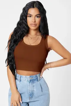 Kadın Kahverengi Kare Yaka Crop Top Bluz