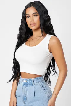 Kadın Beyaz Kare Yaka Crop Top Bluz