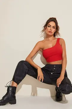 Kadın Kırmızı Tek Omuz Crop Büstiyer