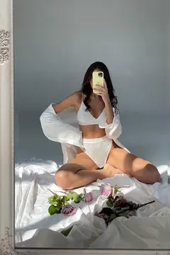 Kadın Beyaz Yüksek Bel Dolgusuz Slip Takım