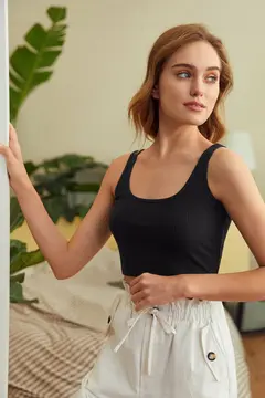 Kadın Siyah Kalın Askılı Crop Top Büstiyer