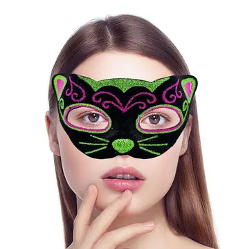 Siyah Kadife Kaplama Üzeri Pembe Mavi Sim İşlemeli Kedi Maskesi 20x13 Cm