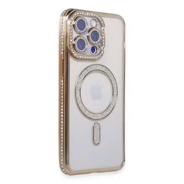 İphone 14 Pro Kılıf Joke Simli Magneticsafe Kılıf - Gold