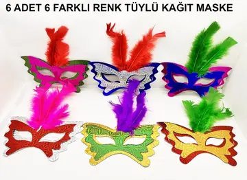 Renkli Parti Maskesi 639lı | Tüylü Karton Maske Seti (lastikli)