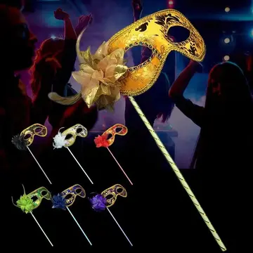 Lüks Taşlı Saplı Maskeli Balo Maskesi Altın Renk 35 Cm