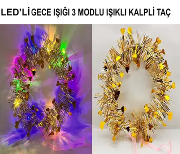Kalp Püsküllü Gece Parıltısı 3 Modlu Led39li Işıklı Taç Mor Renk