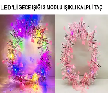 Kalp Püsküllü Gece Parıltısı 3 Modlu Led39li Işıklı Taç Mor Renk