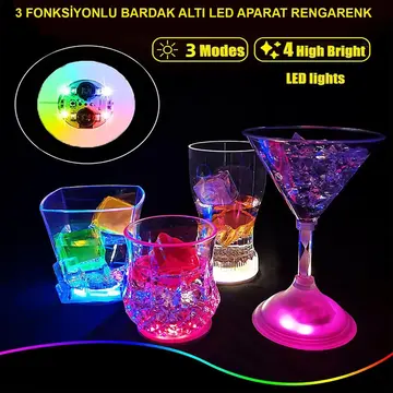 Renkli Led Işıklı Bardak Altlığı - Dekoratif (12 Adet, Pilli)