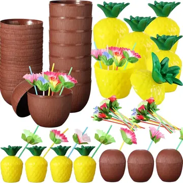 Ananas  Hindistan Cevizi Tasarımlı Pipetli Bardak Seti (6 Adet)