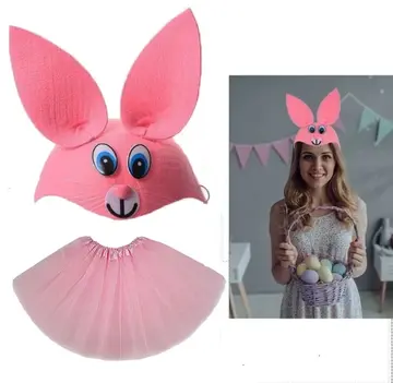 Tavşan Kostümü Pembe - 23 Nisan Tavşan Şapka Ve Tütü Etek Seti 2 Parça