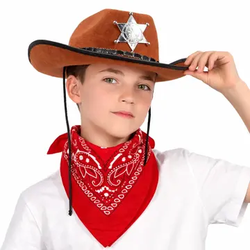 Çocuk Kovboy Şapka Rozetli Kahverengi Kırmızı Bandana Seti