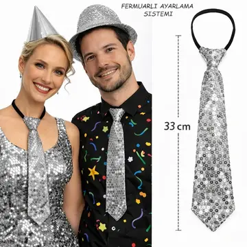 Gümüş Renk Pul Payetli Işıltılı Parti Kravatı 33 Cm