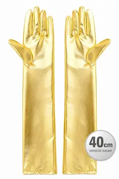 Altın Renk Dirsek Altı Lüks Saten Eldiven 40 Cm