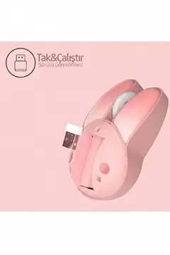 Tavşan Figürlü Kablosuz Mouse Pil Dahil Etiket Hediyeli Pembe