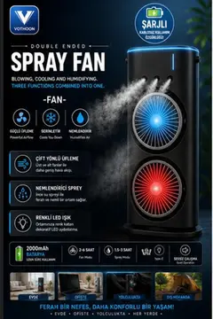 Çift Başlıklı Sprey Fan Nemlendirici Ve Renkli Led Işıklı Siyah