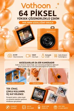Mini Dijital Kamera 64mp 16x Digital Zoom Retro Vintage 1.4’’ekranlı Video Kamera Taşınabilir Tasarım Turuncu