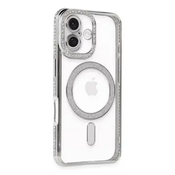 İphone 16 Kılıf Joke Simli Magneticsafe Kılıf - Gümüş