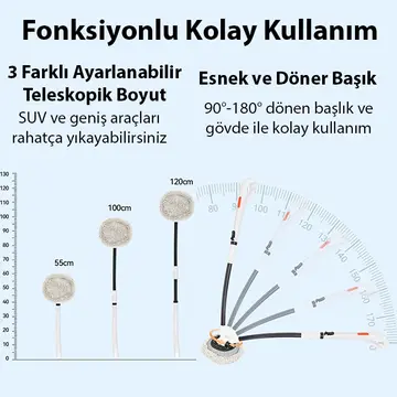 ALLY LS-443 Teleskopik Mikrofiber Araba Yıkama Fırçası Uzun Saplı Fırçası Oto Mopu