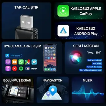 ALLY Kablosuz Car Play Adaptörü Apple Ve Android Cihazlar Için Wireless Carplay Çevirici