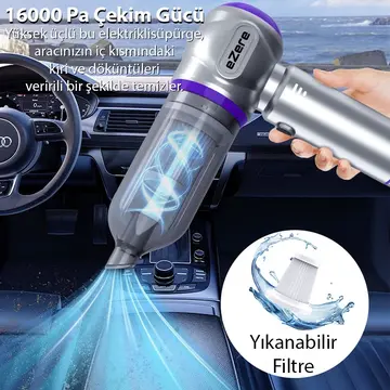 EZERE 16000pa Güçlü Portatif Taşınabilir Vakumlu Kablosuz Üflemeli Mini Araç Süpürgesi