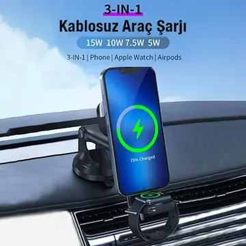 Ally Wireless Şarjlı 3in1 Torpido Üstü Ve Havalandırma Telefon Kulaklık Saat Tutucu