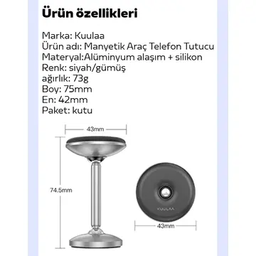 KUULAA Güçlü Mıknatıslı Manyetik Standlı Cep Telefon Araç Tutucu