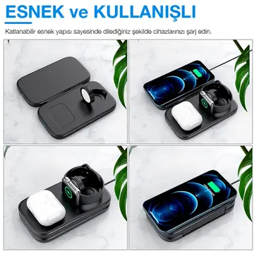 ALLY W66 15W 3 in1 Android + iPhone Taşınabilir Mini Kablosuz Hızlı Şarj Standı