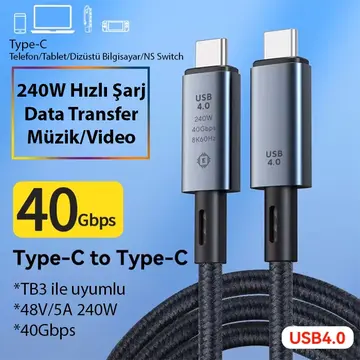 ALLY 40Gbps 240W Type-C 8K Görüntü ve Hızlı Data Şarj Kablosu