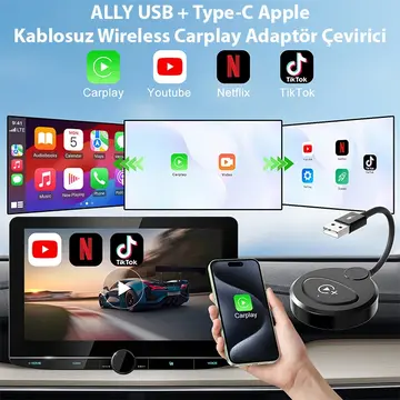 USB+Type-C Apple Kablosuz Wireless Carplay Adaptör Çevirici -Youtube Netflix Tiktok Video Yansıtıcı