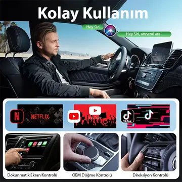 USB+Type-C Apple Kablosuz Wireless Carplay Adaptör Çevirici -Youtube Netflix Tiktok Video Yansıtıcı