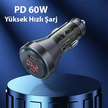 HOCO NZ12C Graceful PD60W 2 Type-C Girişli Araç Çakmaklı Hızlı Şarj Aleti + Type-C to iPhone Kablo