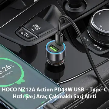 HOCO NZ12A Action PD43W USB + Type-C Hızlı Şarj Araç Çakmaklı Şarj Aleti