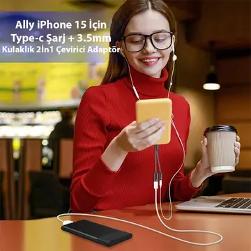 Ally İphone 15 İçin Type-c Şarj + 3.5mm kulaklık 2İn1 Çevirici Adaptör