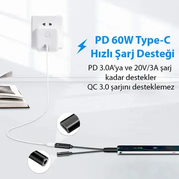 Ally İphone 15 İçin Type-c Şarj + 3.5mm kulaklık 2İn1 Çevirici Adaptör