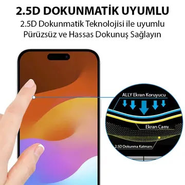 Ally iPhone 15 Pro Full Glue Tempered Kırılmaz Cam Ekran Koruyucu