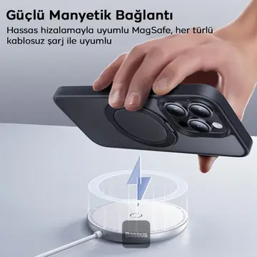 Baseus iPhone 15 Plus SkyRing Serisi Standlı Magsafe Manyetik Kılıf + Tempered Ekran Koruyucu Set