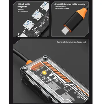 ALLY 5in1 Type-c To USB3.0 + USB2.0 + Type-c PD 100W + HDMI + Ethernet Çoğaltıcı Transparan Hub