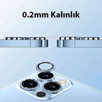 ALLY iPhone 14 Pro-14 Pro Max Diamond Taş İşlemeli Alüminyum Alaşımlı Kamera Lens Koruyucu