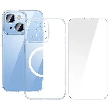 Baseus Crystal iPhone 14 6.1 Magsafe Silikon Kılıf + Tempered Ekran Koruyucu Set
