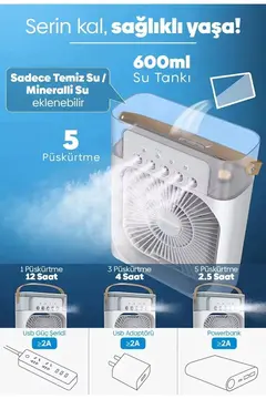 Taşınabilir Işıklı 5 Spreyli Vantilatör Buzlu Buharlı Vantilatör Mini Fan Nemlendirici