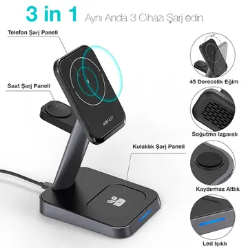 ALLY W68 15W 3in1 Manyetik ve Katlanabilir Portatif Masaüstü Kablosuz Şarj Standı