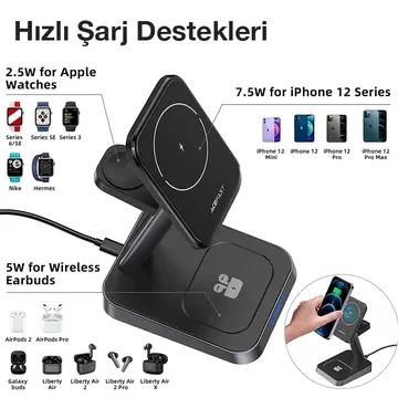 ALLY W68 15W 3in1 Manyetik ve Katlanabilir Portatif Masaüstü Kablosuz Şarj Standı