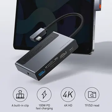 Baseus Magic Çok Fonksiyonlu Klipsli Type-C HUB 6in1 (USB3.0+SD+TF+HDMI+Type-C+3.5mm) Adaptör Çoklay