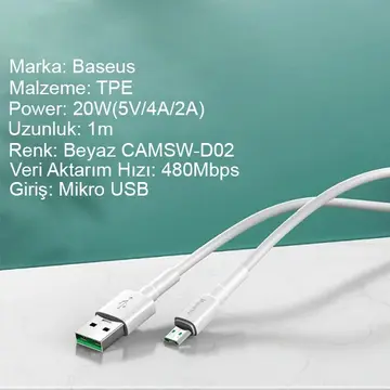 Baseus Mini White Micro USB 4A OPPO VIVO Dash Usb Şarj Kablosu 1Metre