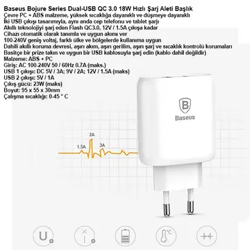 Baseus Bojure Series Dual-USB QC 3.0 18W Hızlı Şarj Aleti Başlık
