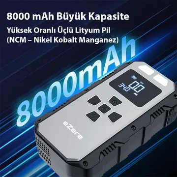 EZERE 4 in1 8000mAh Lastik Sisirme Pompası Ve Starter Akü Takviye Seti