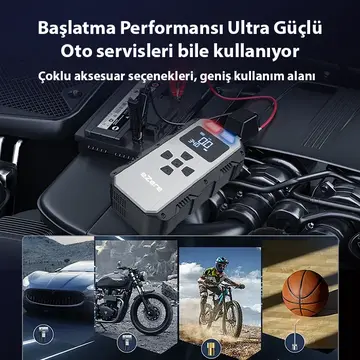 EZERE 4 in1 8000mAh Lastik Sisirme Pompası Ve Starter Akü Takviye Seti